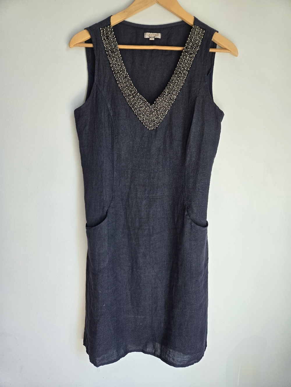 LINA TOMEI Sleeveless Navy Beaded V-Neck Linen Dress